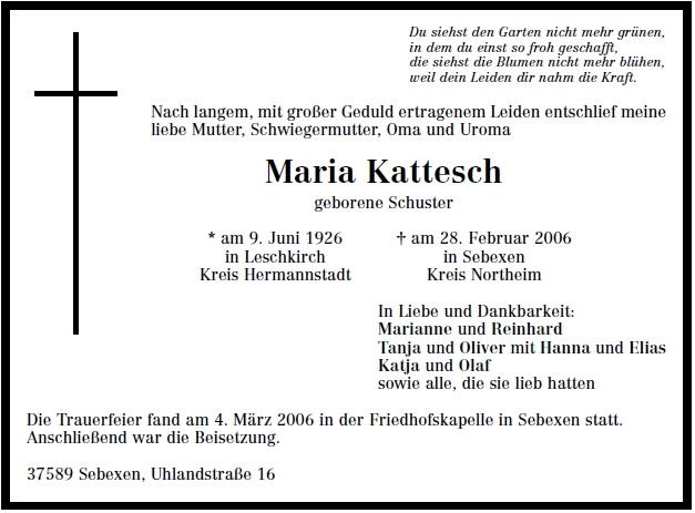 Schuster Maria 1926-2006 Todesanzeige